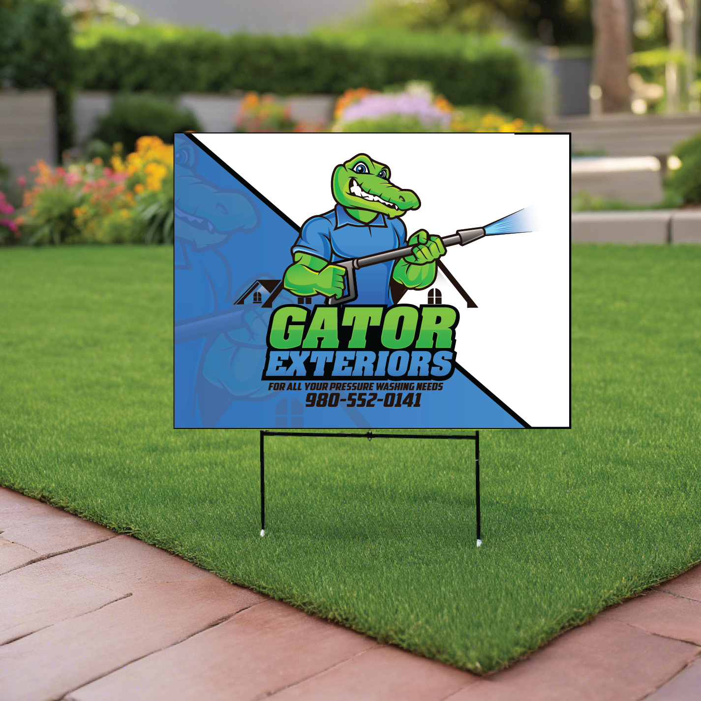 24 by 18 inch coroplast yard sign with H-stake in grass